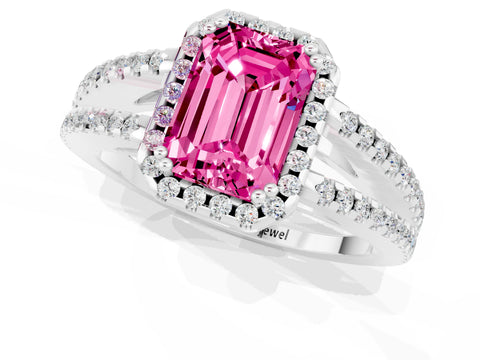 White gold Emerald Cut Pink Sapphire Halo Split Shank Engagement Ring_13