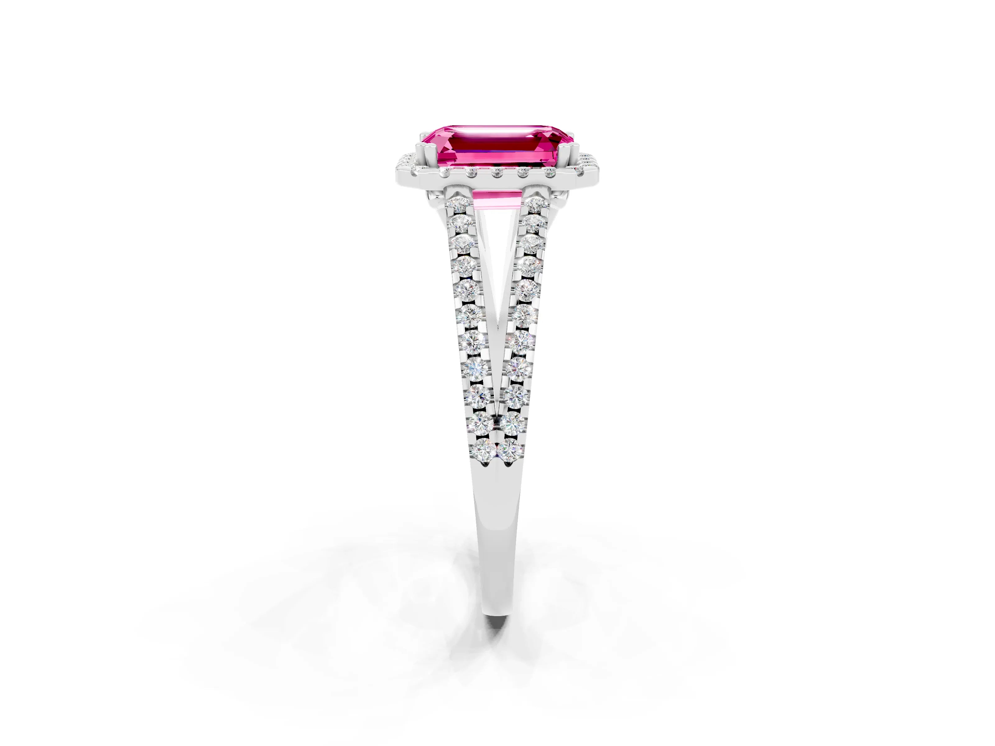 White gold Emerald Cut Pink Sapphire Halo Split Shank Engagement Ring_14