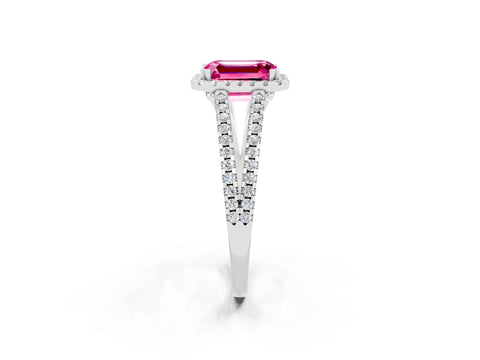 White gold Emerald Cut Pink Sapphire Halo Split Shank Engagement Ring_14