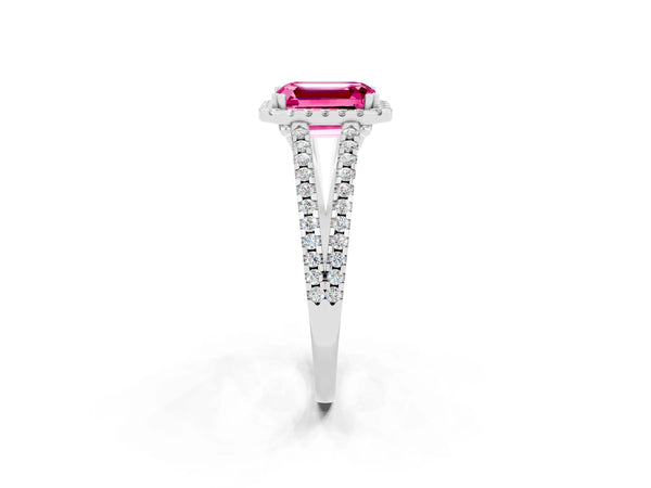 White gold Emerald Cut Pink Sapphire Halo Split Shank Engagement Ring