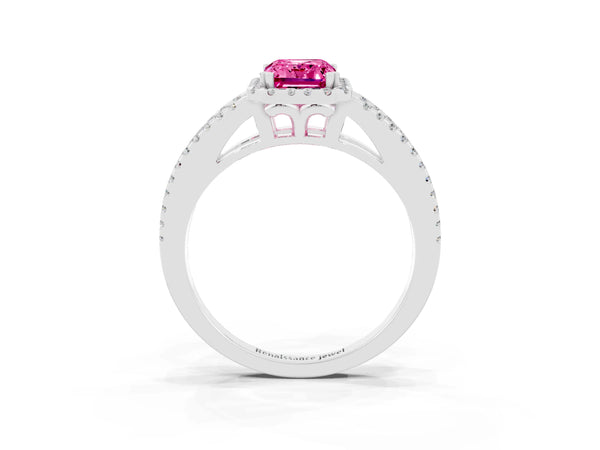 Platinum Emerald Cut Pink Sapphire Halo Split Shank Engagement Ring