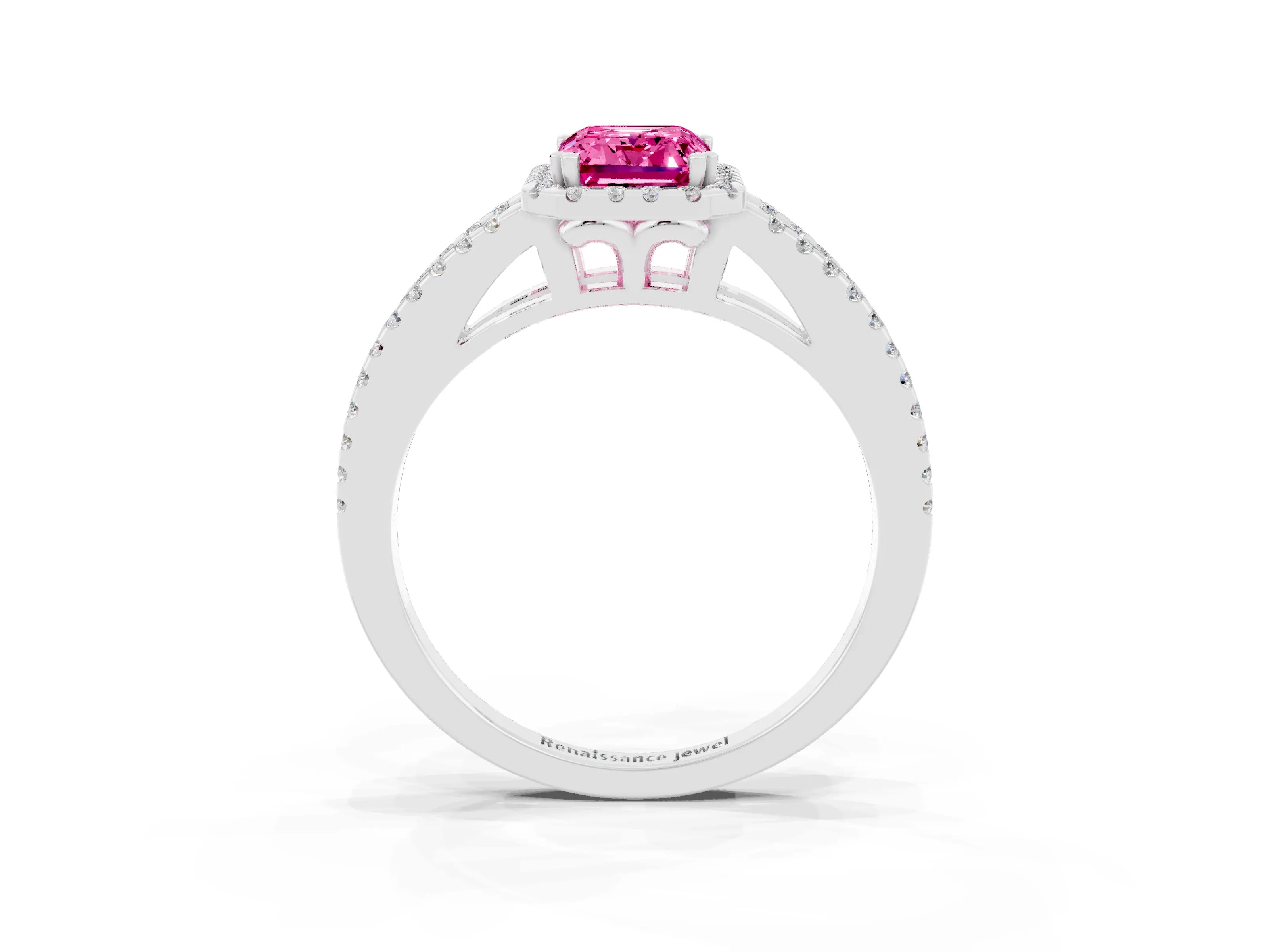 White gold Emerald Cut Pink Sapphire Halo Split Shank Engagement Ring_15