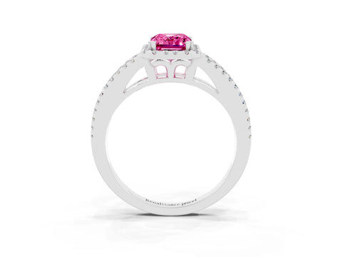 White gold Emerald Cut Pink Sapphire Halo Split Shank Engagement Ring_15