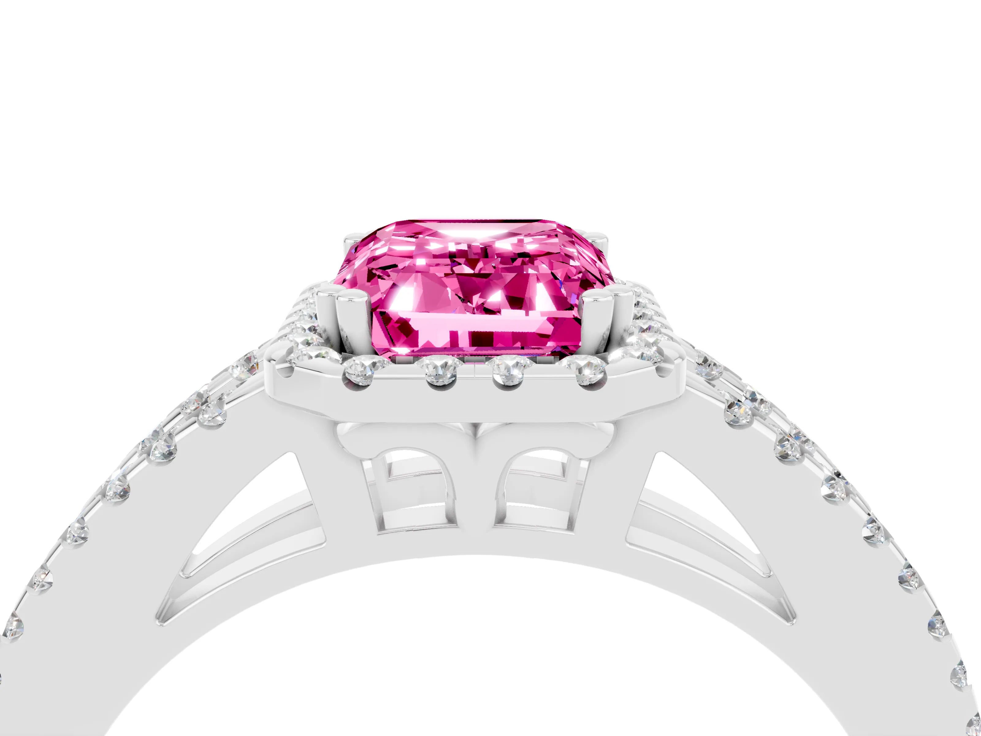 White gold Emerald Cut Pink Sapphire Halo Split Shank Engagement Ring_16