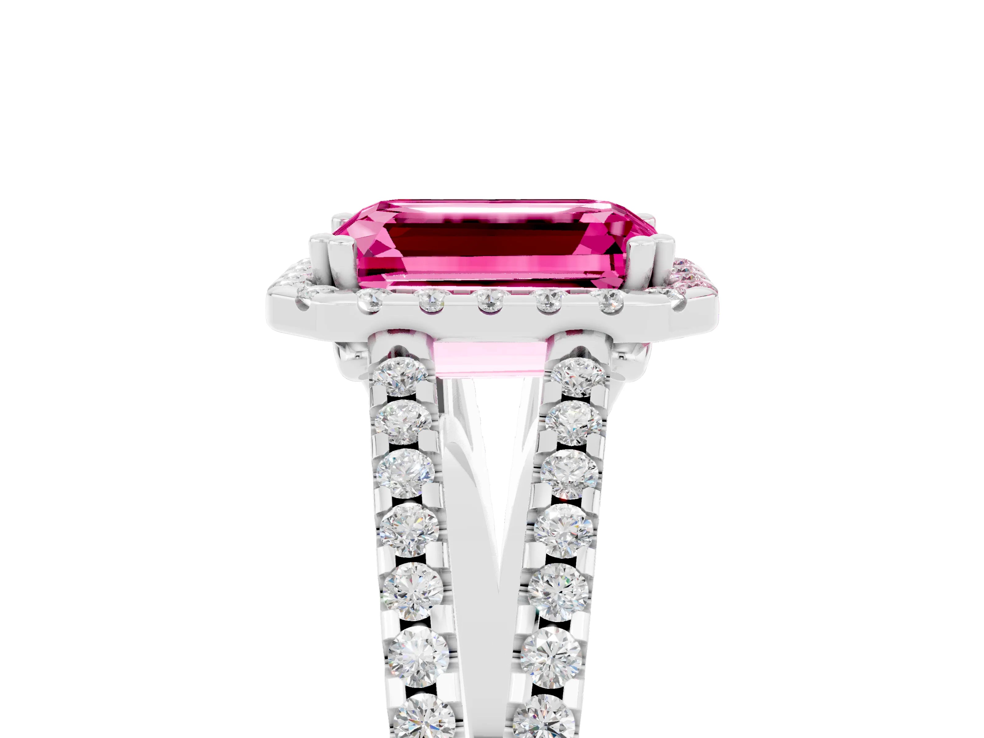 White gold Emerald Cut Pink Sapphire Halo Split Shank Engagement Ring_17