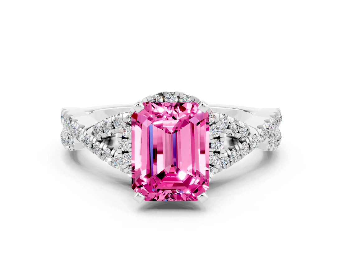 White gold Emerald Cut Pink Sapphire Halo Twist Band Solitaire Prong Setting Ring_24