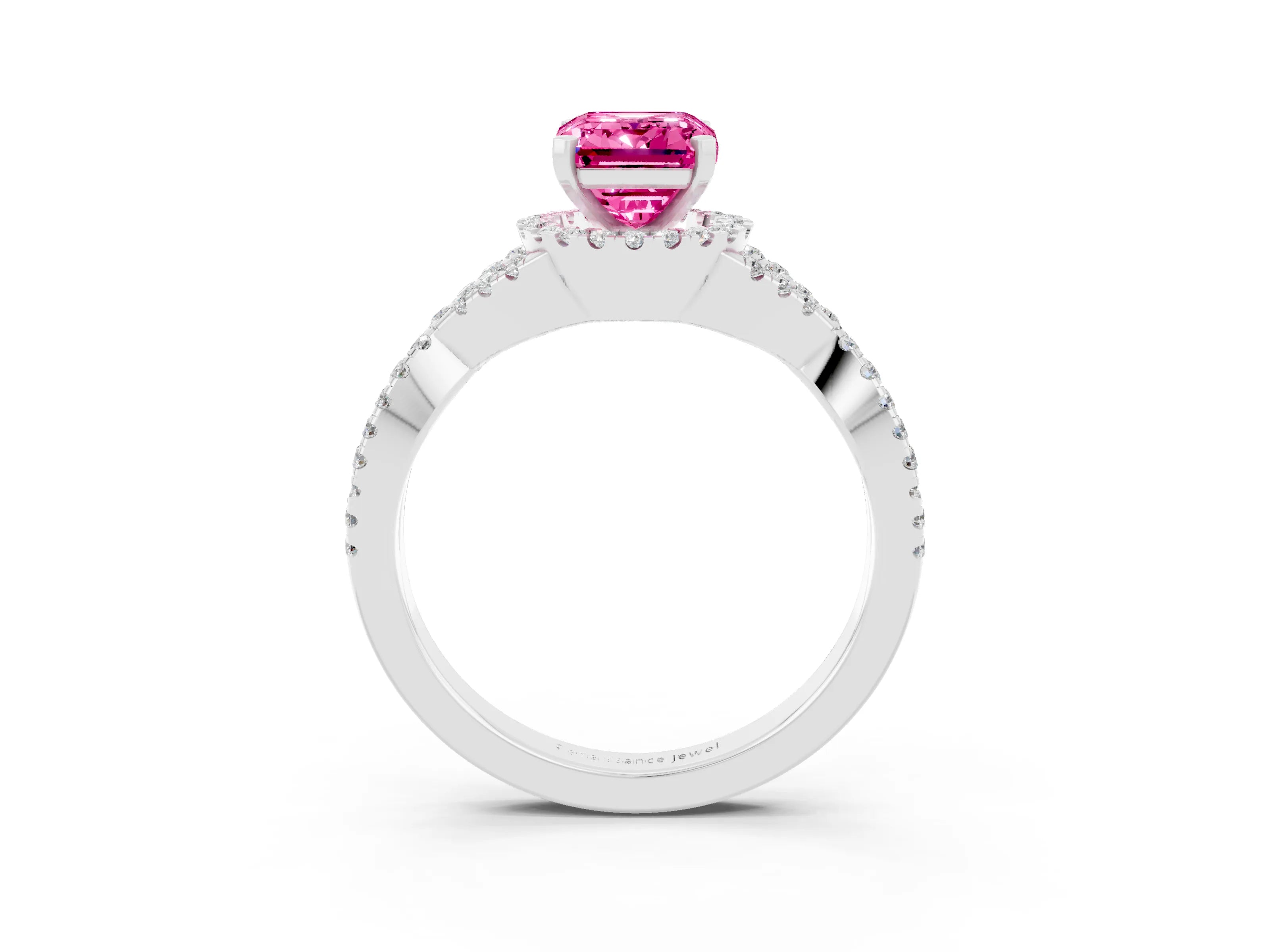 White gold Emerald Cut Pink Sapphire Halo Twist Band Solitaire Prong Setting Ring_27
