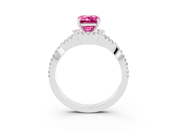 Platinum Emerald Cut Pink Sapphire  Halo Twist Band Solitaire Prong Setting Ring