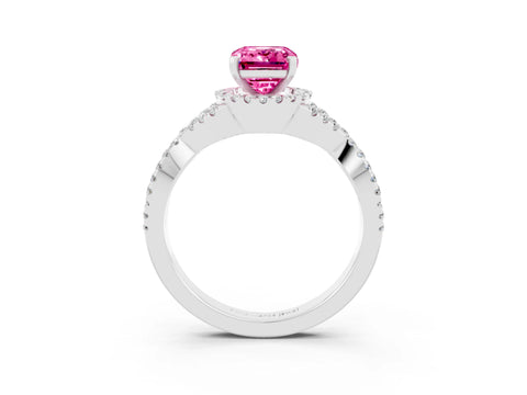 White gold Emerald Cut Pink Sapphire Halo Twist Band Solitaire Prong Setting Ring_27