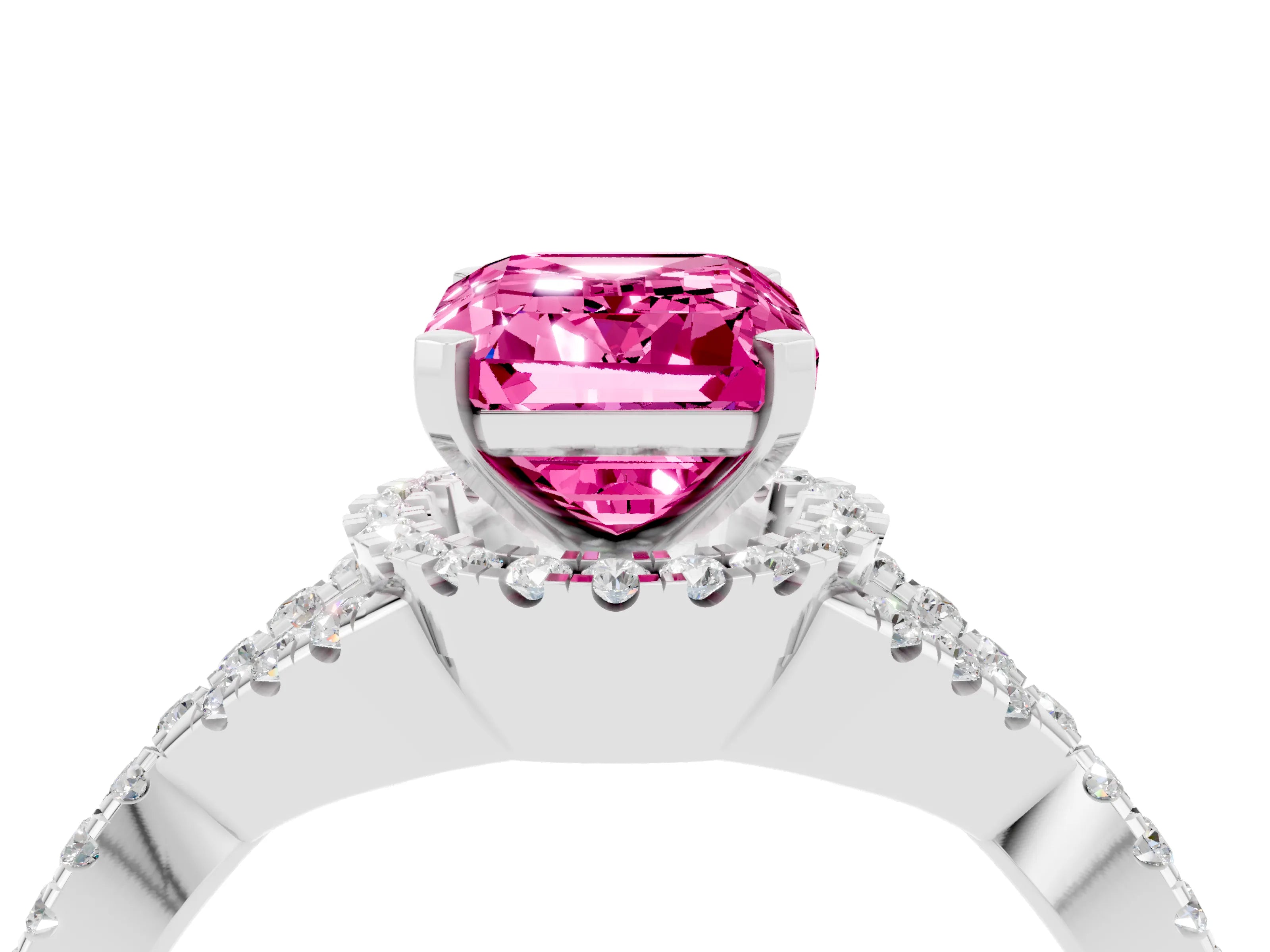 White gold Emerald Cut Pink Sapphire Halo Twist Band Solitaire Prong Setting Ring_28