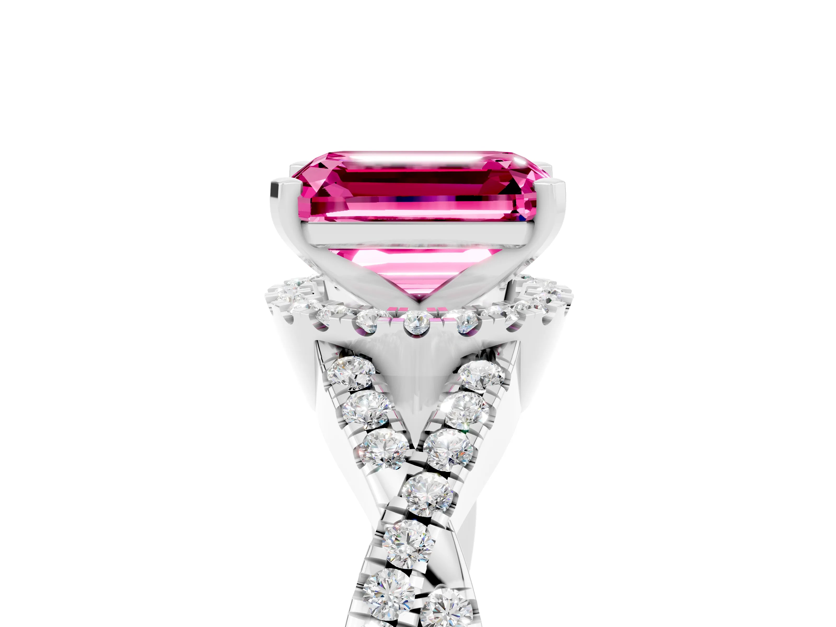 White gold Emerald Cut Pink Sapphire Halo Twist Band Solitaire Prong Setting Ring_29