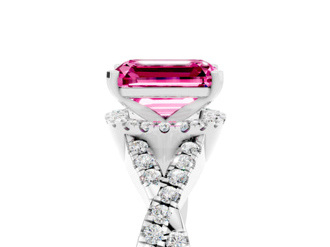 White gold Emerald Cut Pink Sapphire Halo Twist Band Solitaire Prong Setting Ring_29