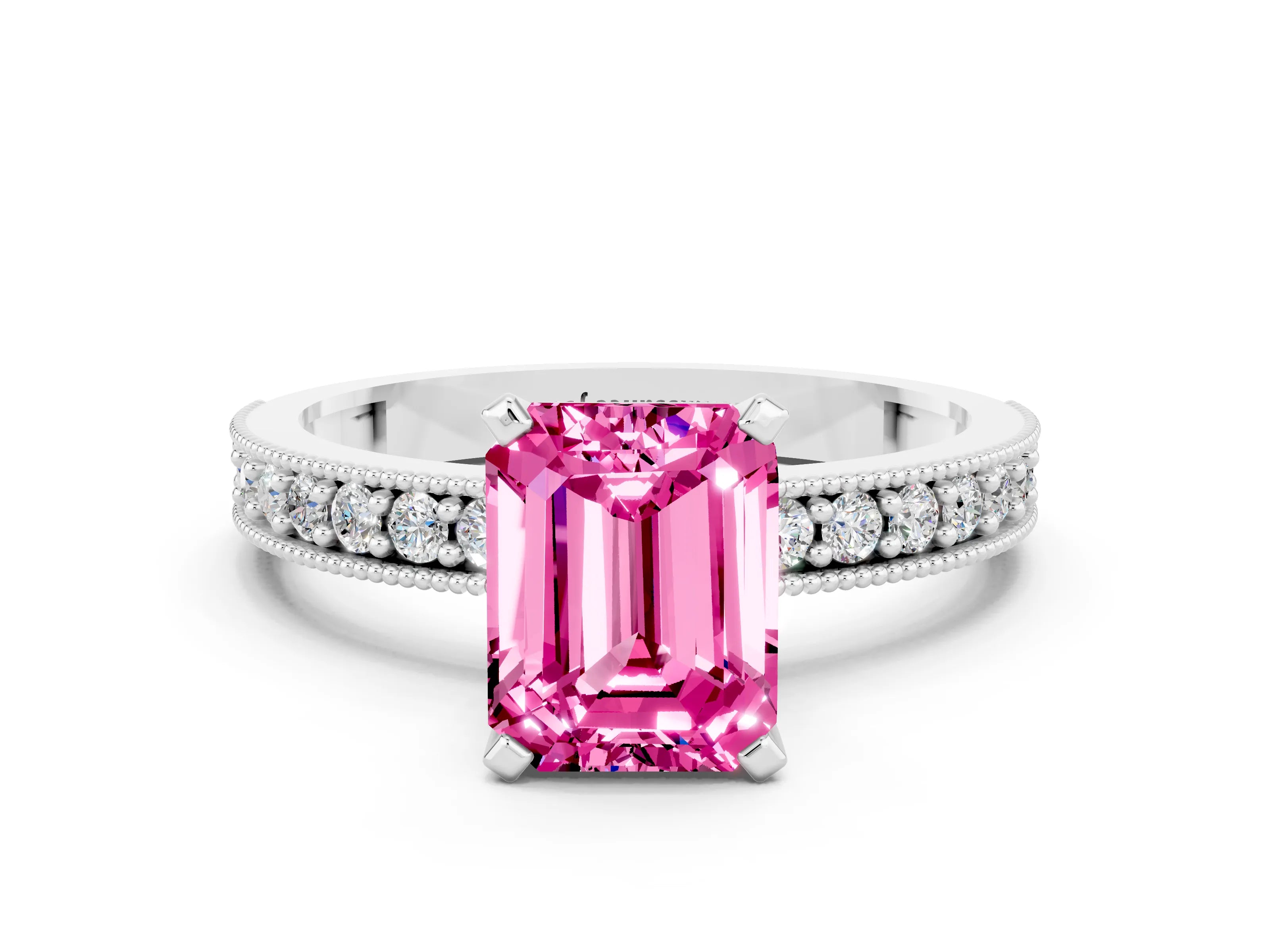 White gold Emerald Cut Pink Sapphire Milgrain Pavé Engagement Ring with Four-Prong Setting_36