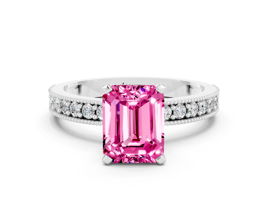 White gold Emerald Cut Pink Sapphire Milgrain Pavé Engagement Ring with Four-Prong Setting_36