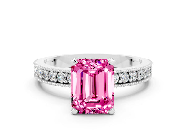 White gold Emerald Cut Pink Sapphire Milgrain Pavé Engagement Ring with Four-Prong Setting