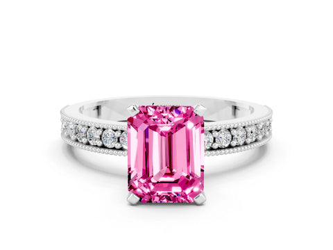White gold Emerald Cut Pink Sapphire Milgrain Pavé Engagement Ring with Four-Prong Setting_36