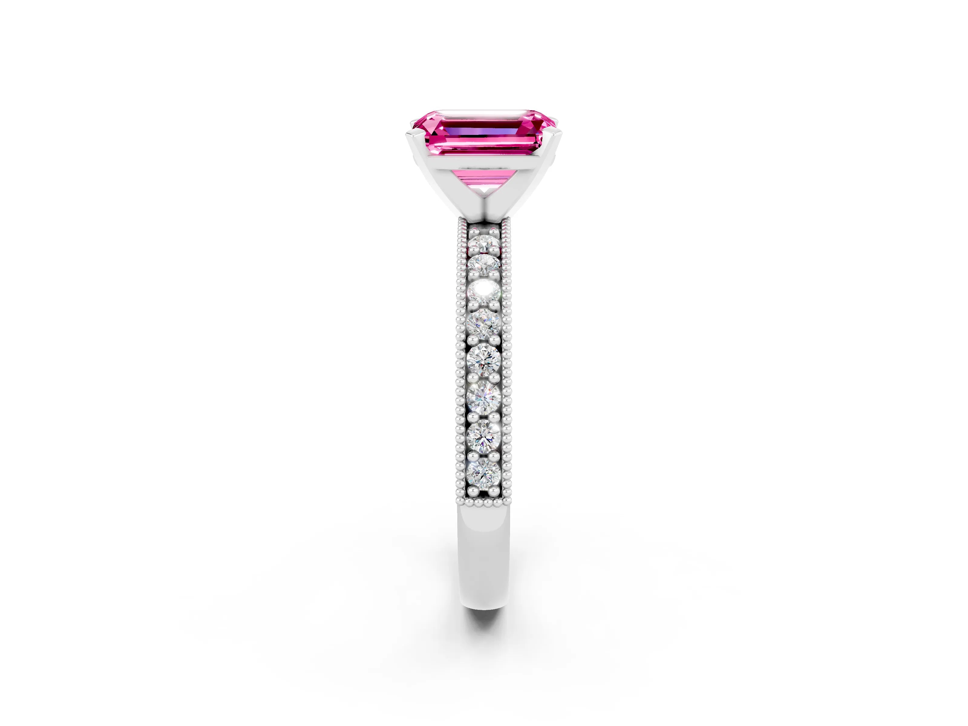 White gold Emerald Cut Pink Sapphire Milgrain Pavé Engagement Ring with Four-Prong Setting_38