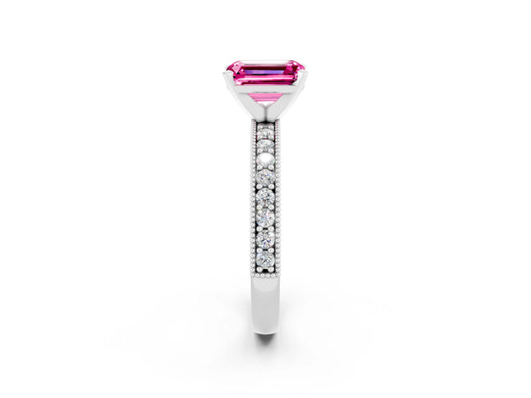 Silver Emerald Cut Pink Sapphire Milgrain Pavé Engagement Ring with Four-Prong Setting
