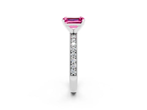 White gold Emerald Cut Pink Sapphire Milgrain Pavé Engagement Ring with Four-Prong Setting_38