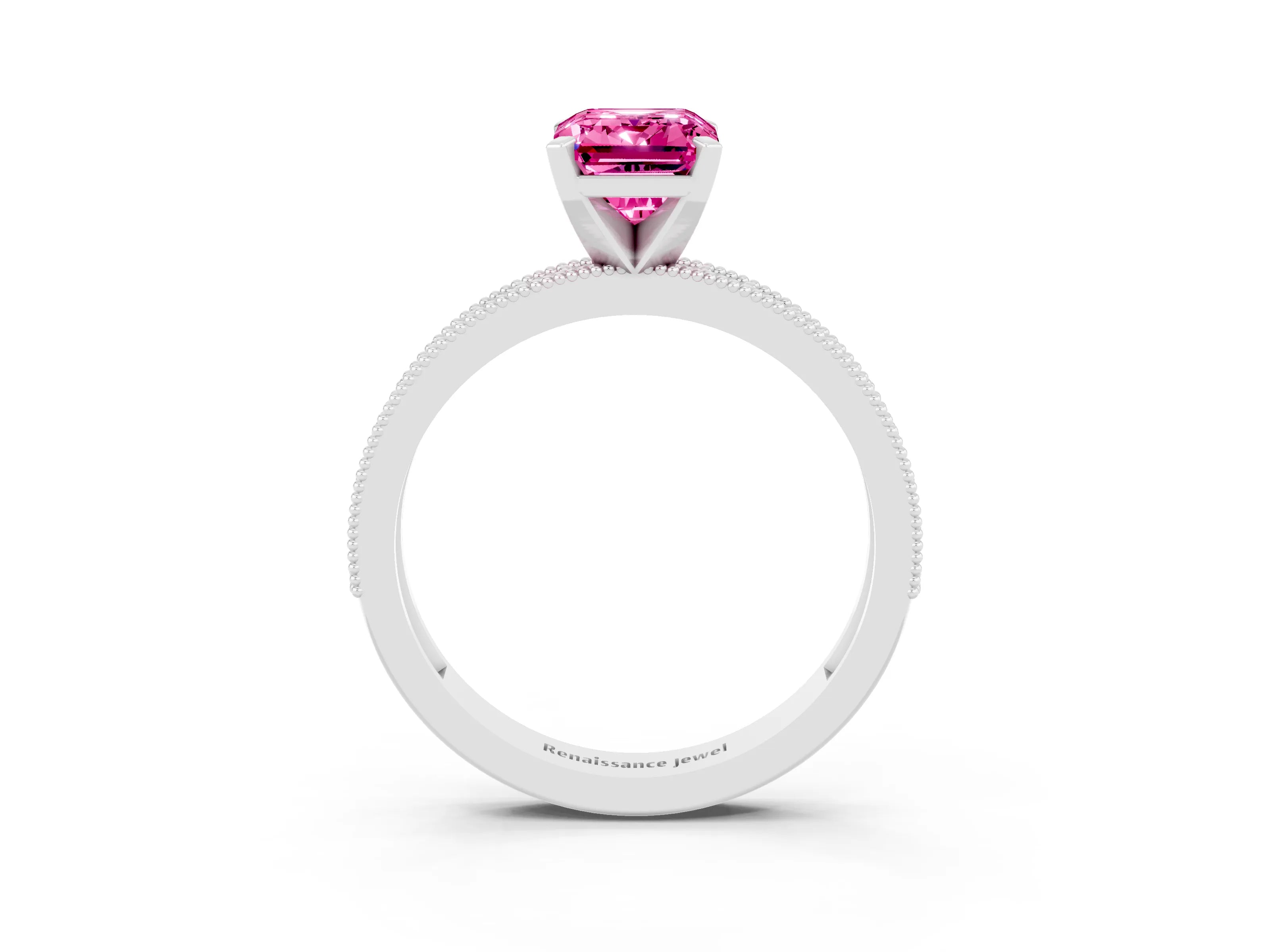 White gold Emerald Cut Pink Sapphire Milgrain Pavé Engagement Ring with Four-Prong Setting_39
