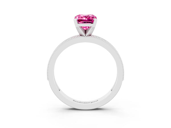 Silver Emerald Cut Pink Sapphire Milgrain Pavé Engagement Ring with Four-Prong Setting