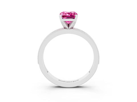 White gold Emerald Cut Pink Sapphire Milgrain Pavé Engagement Ring with Four-Prong Setting_39