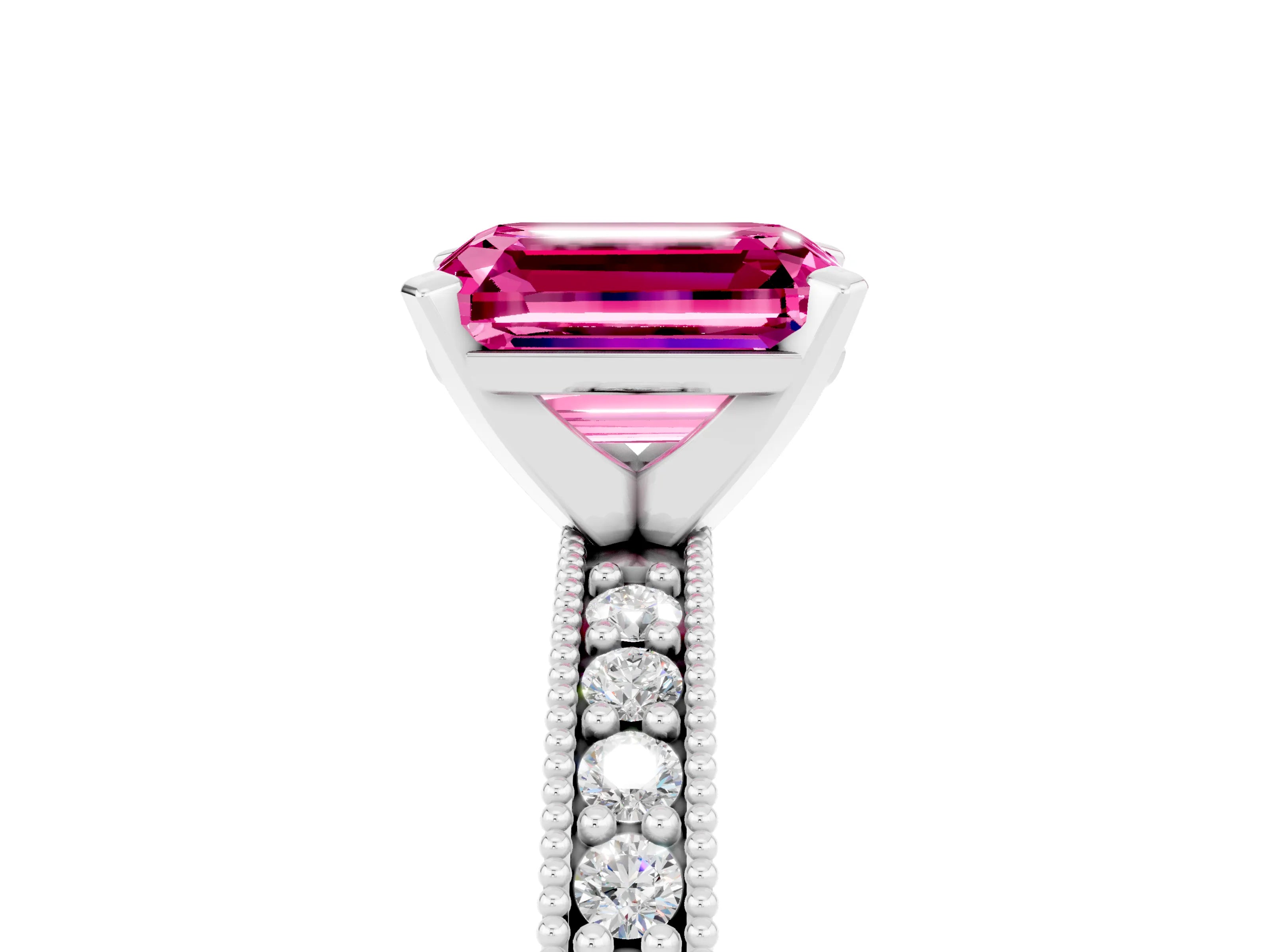 White gold Emerald Cut Pink Sapphire Milgrain Pavé Engagement Ring with Four-Prong Setting_41