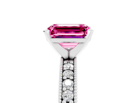 White gold Emerald Cut Pink Sapphire Milgrain Pavé Engagement Ring with Four-Prong Setting_41