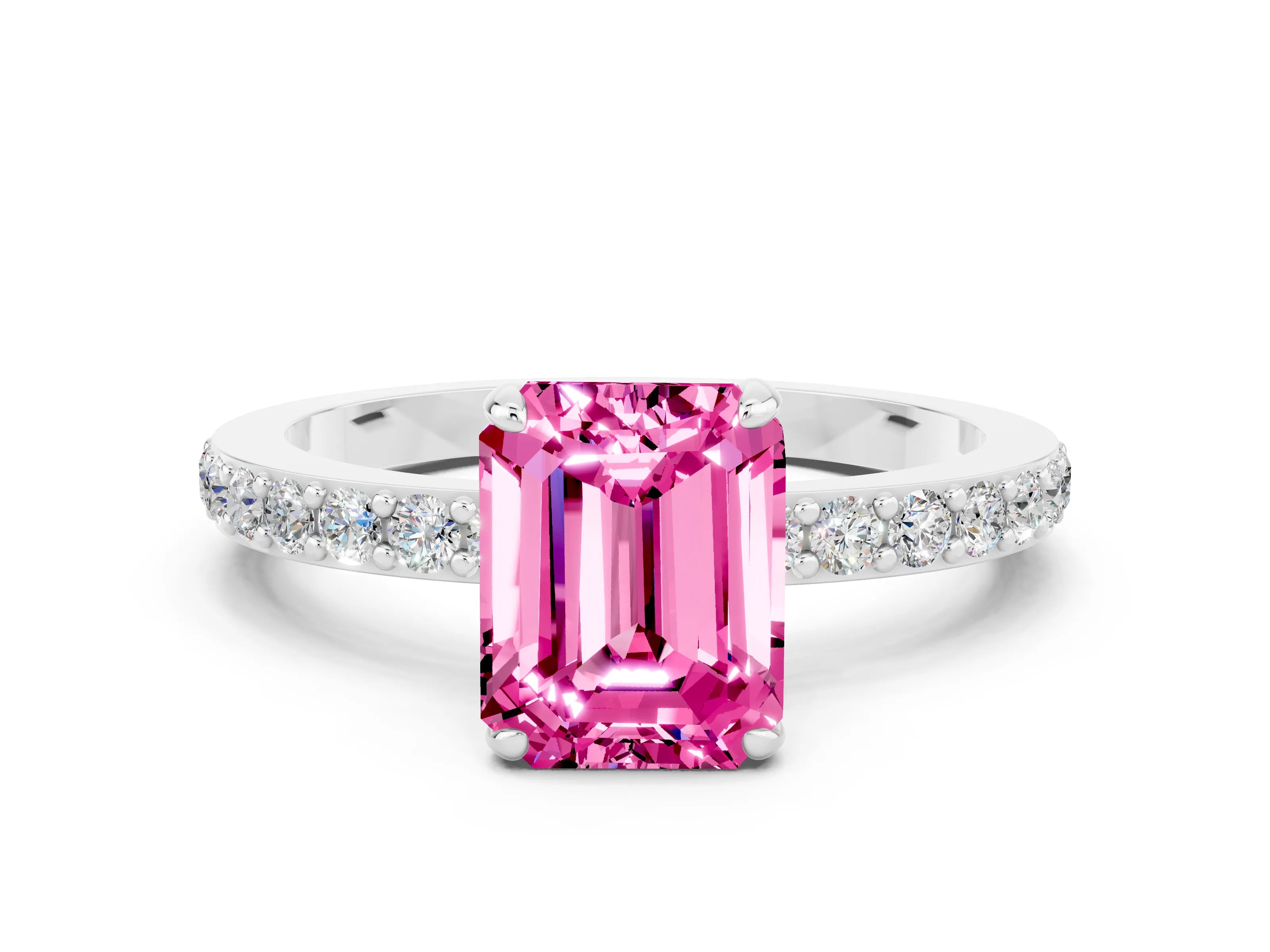 White gold Emerald Cut Pink Sapphire Pavé Engagement Ring with Round  Accents and Prong Setting_48
