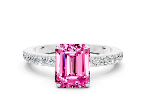 White gold Emerald Cut Pink Sapphire Pavé Engagement Ring with Round  Accents and Prong Setting_48