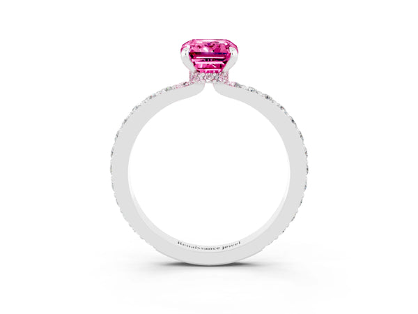 Silver Emerald Cut Pink Sapphire Pavé Engagement Ring with Round  Accents and Prong Setting