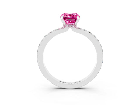White gold Emerald Cut Pink Sapphire Pavé Engagement Ring with Round  Accents and Prong Setting_51