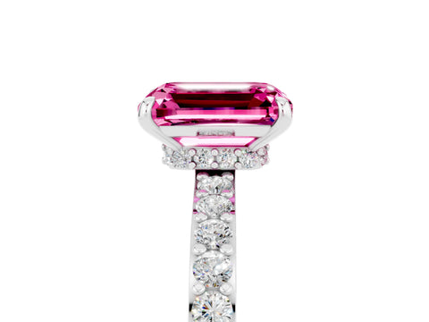 White gold Emerald Cut Pink Sapphire Pavé Engagement Ring with Round  Accents and Prong Setting_53