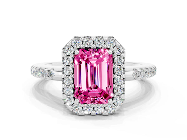 White gold Emerald Cut Pink Sapphire Pavé Halo Ring with Four-Prong Setting