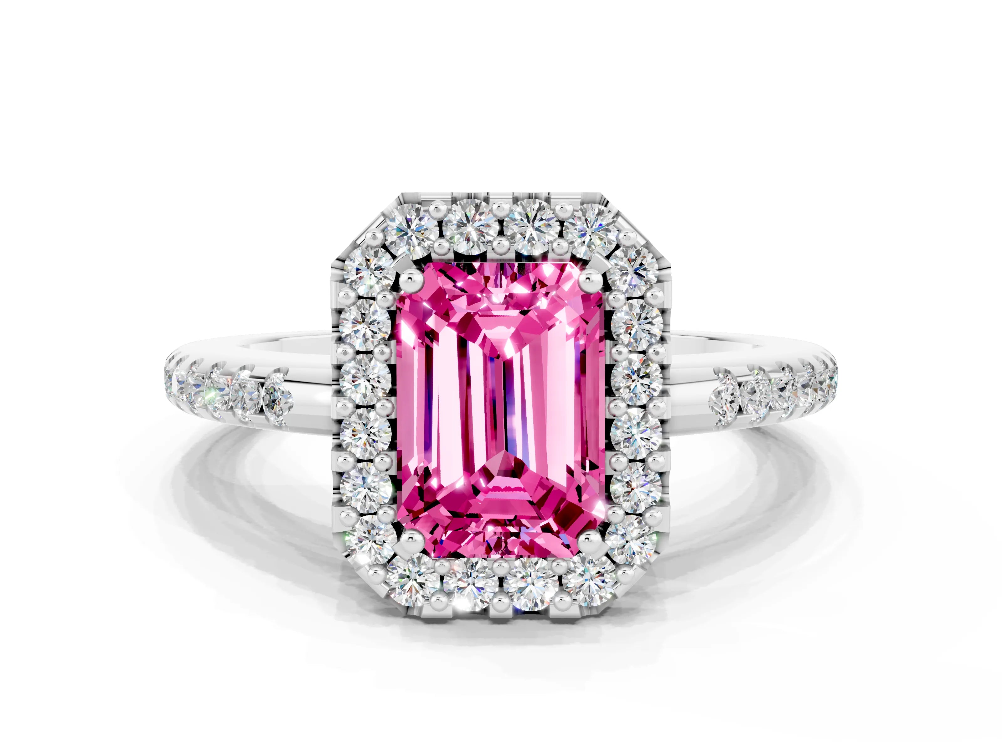 White gold Emerald Cut Pink Sapphire Pavé Halo Ring with Four-Prong Setting_12