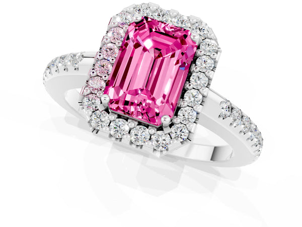 Platinum Emerald Cut Pink Sapphire Pavé Halo Ring with Four-Prong Setting
