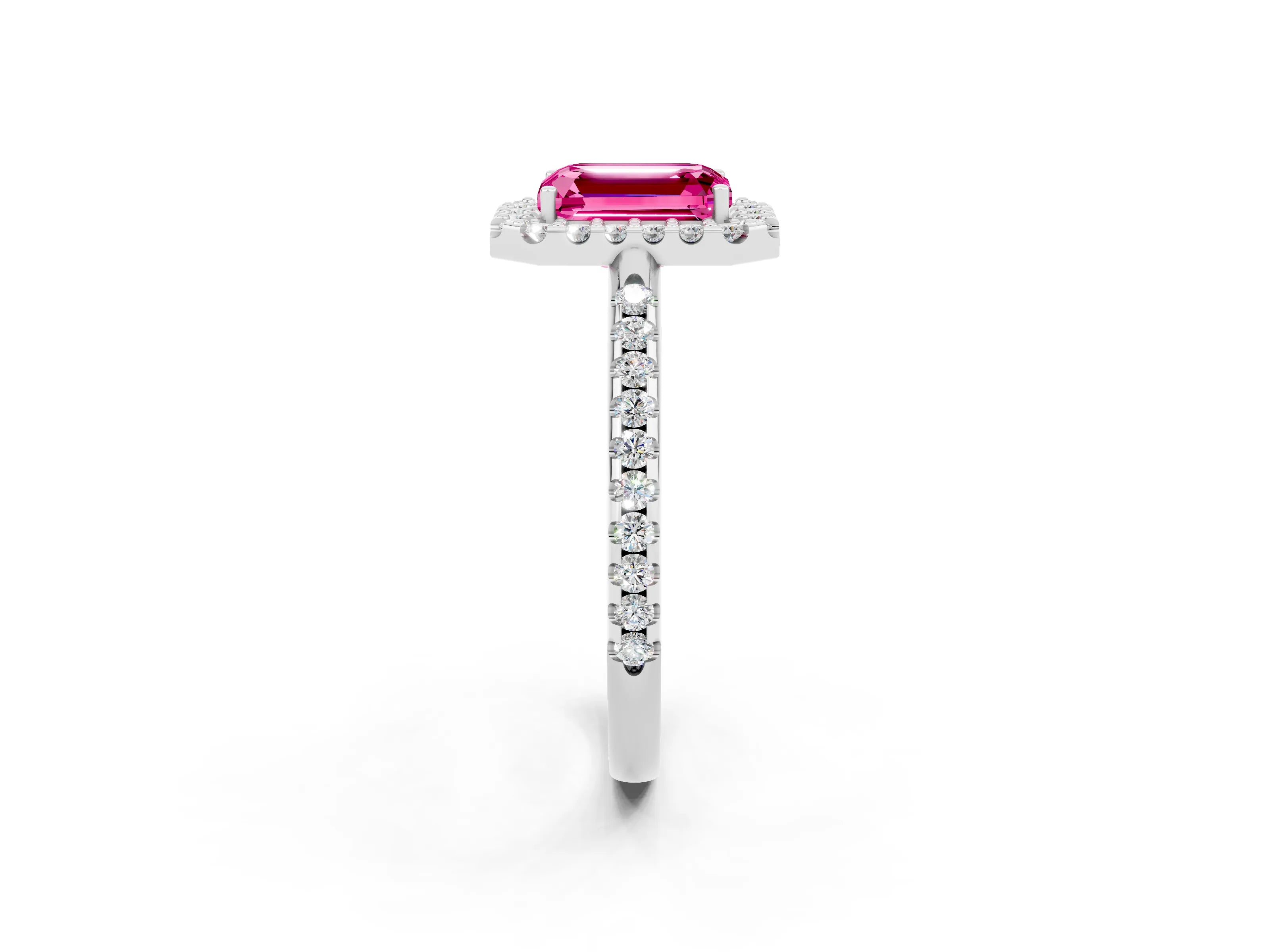 White gold Emerald Cut Pink Sapphire Pavé Halo Ring with Four-Prong Setting_14