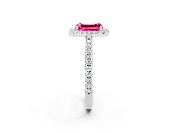 White gold Emerald Cut Pink Sapphire Pavé Halo Ring with Four-Prong Setting