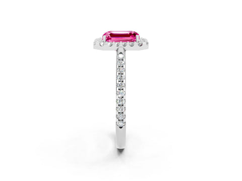 White gold Emerald Cut Pink Sapphire Pavé Halo Ring with Four-Prong Setting_14