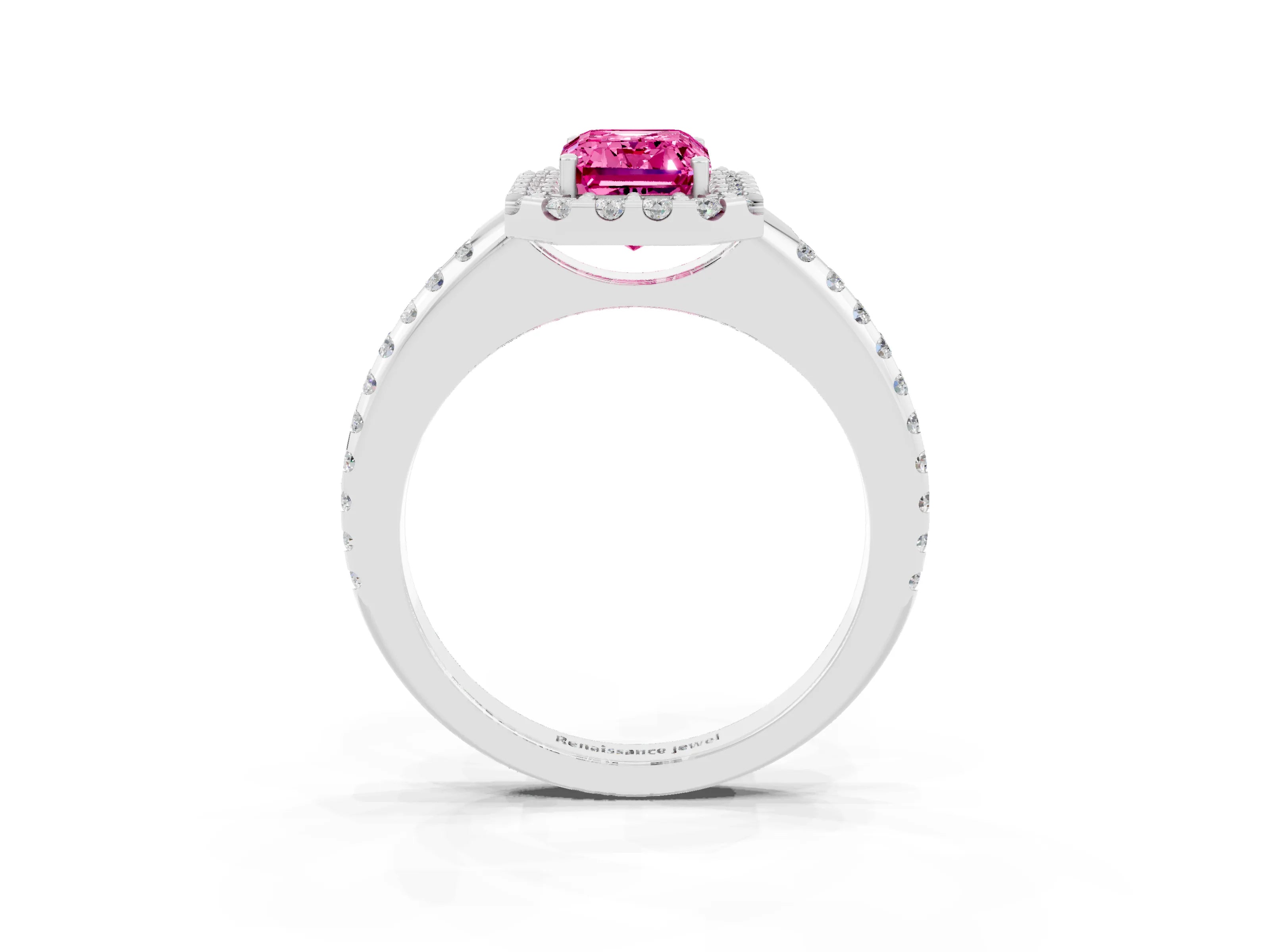 White gold Emerald Cut Pink Sapphire Pavé Halo Ring with Four-Prong Setting_15