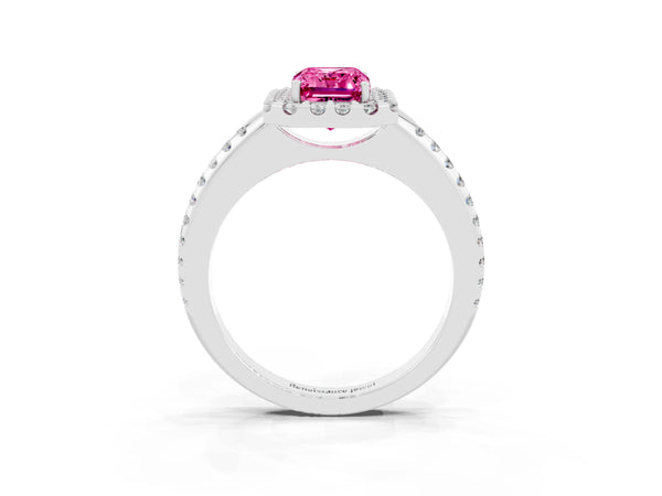 White gold Emerald Cut Pink Sapphire Pavé Halo Ring with Four-Prong Setting