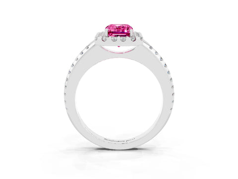 White gold Emerald Cut Pink Sapphire Pavé Halo Ring with Four-Prong Setting_15