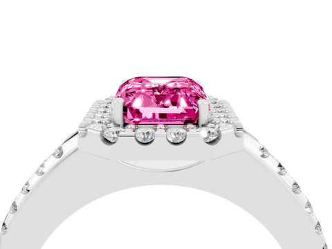 White gold Emerald Cut Pink Sapphire Pavé Halo Ring with Four-Prong Setting_16