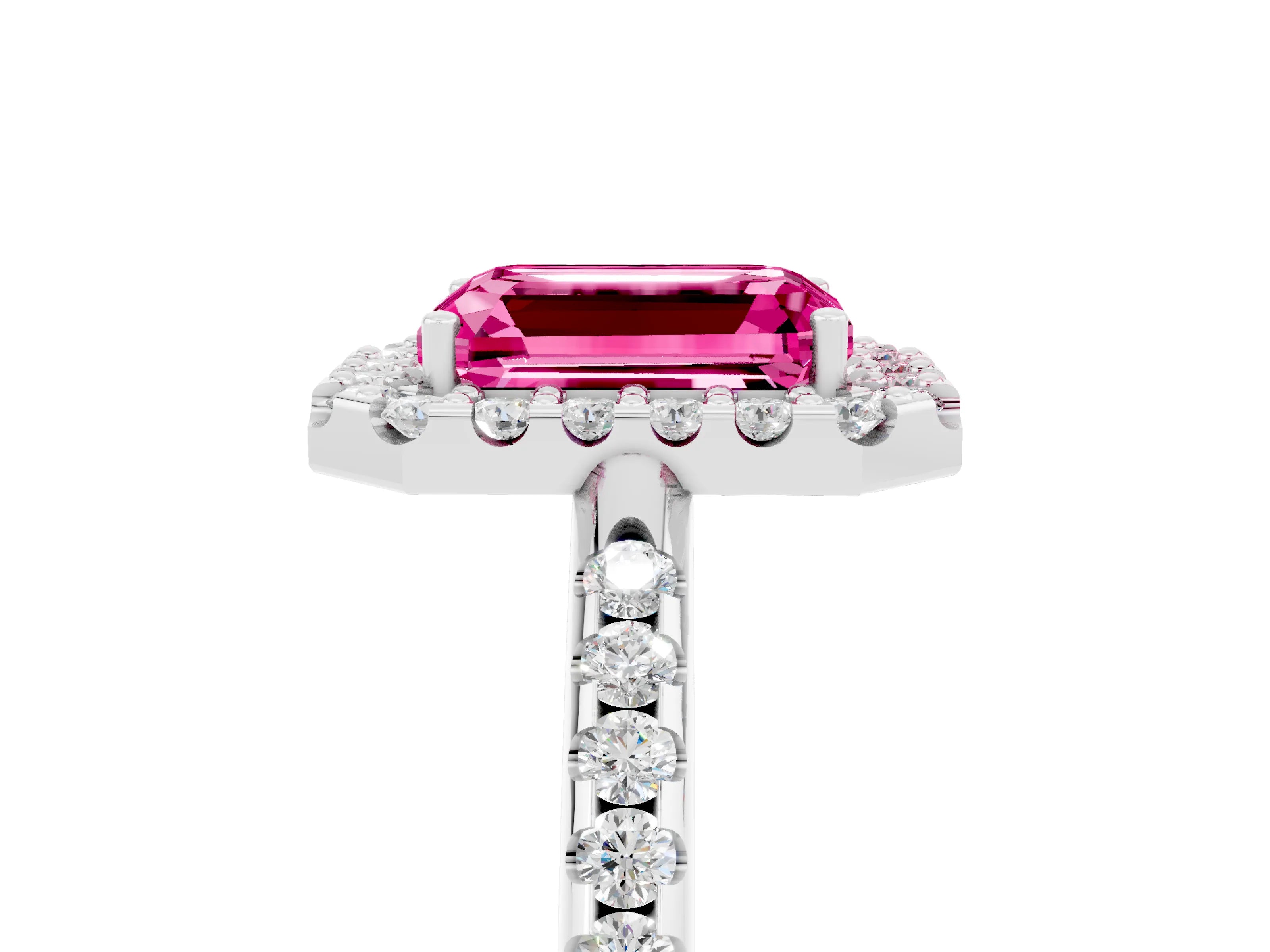 White gold Emerald Cut Pink Sapphire Pavé Halo Ring with Four-Prong Setting_17