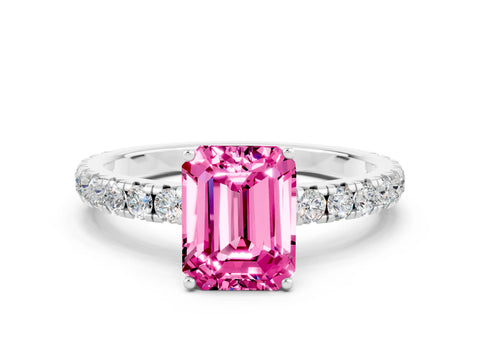 White gold Emerald Cut Pink Sapphire Pavé Solitaire Engagement Ring with Four-Prong Setting_12