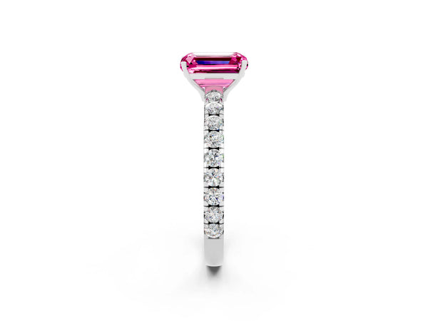 Platinum Emerald Cut Pink Sapphire Pavé Solitaire Engagement Ring with Four-Prong Setting