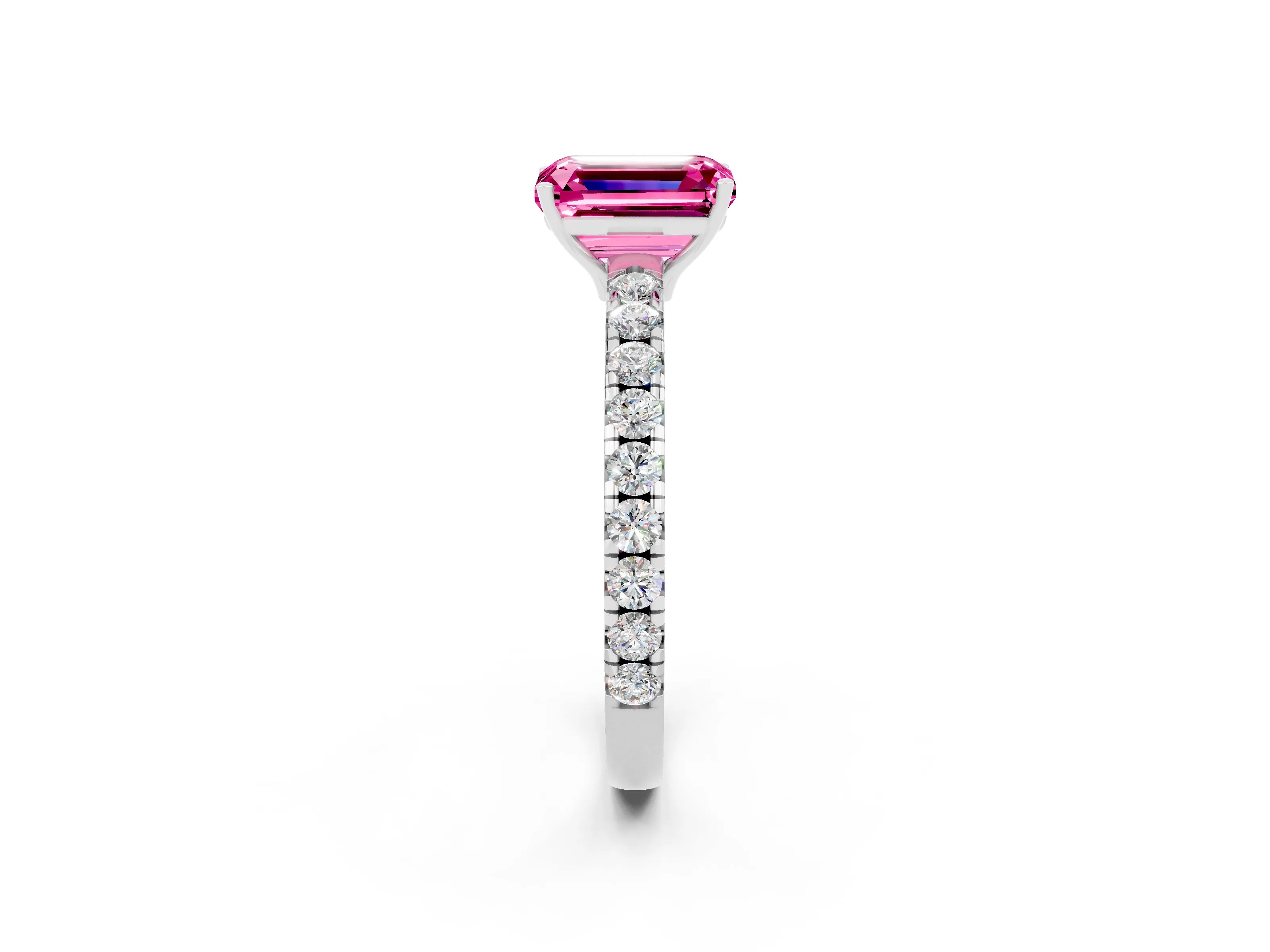 White gold Emerald Cut Pink Sapphire Pavé Solitaire Engagement Ring with Four-Prong Setting_14