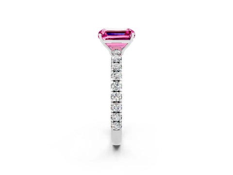 White gold Emerald Cut Pink Sapphire Pavé Solitaire Engagement Ring with Four-Prong Setting_14