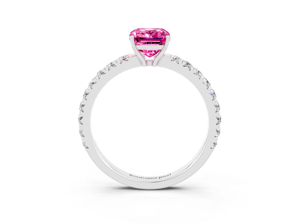 Silver Emerald Cut Pink Sapphire Pavé Solitaire Engagement Ring with Four-Prong Setting