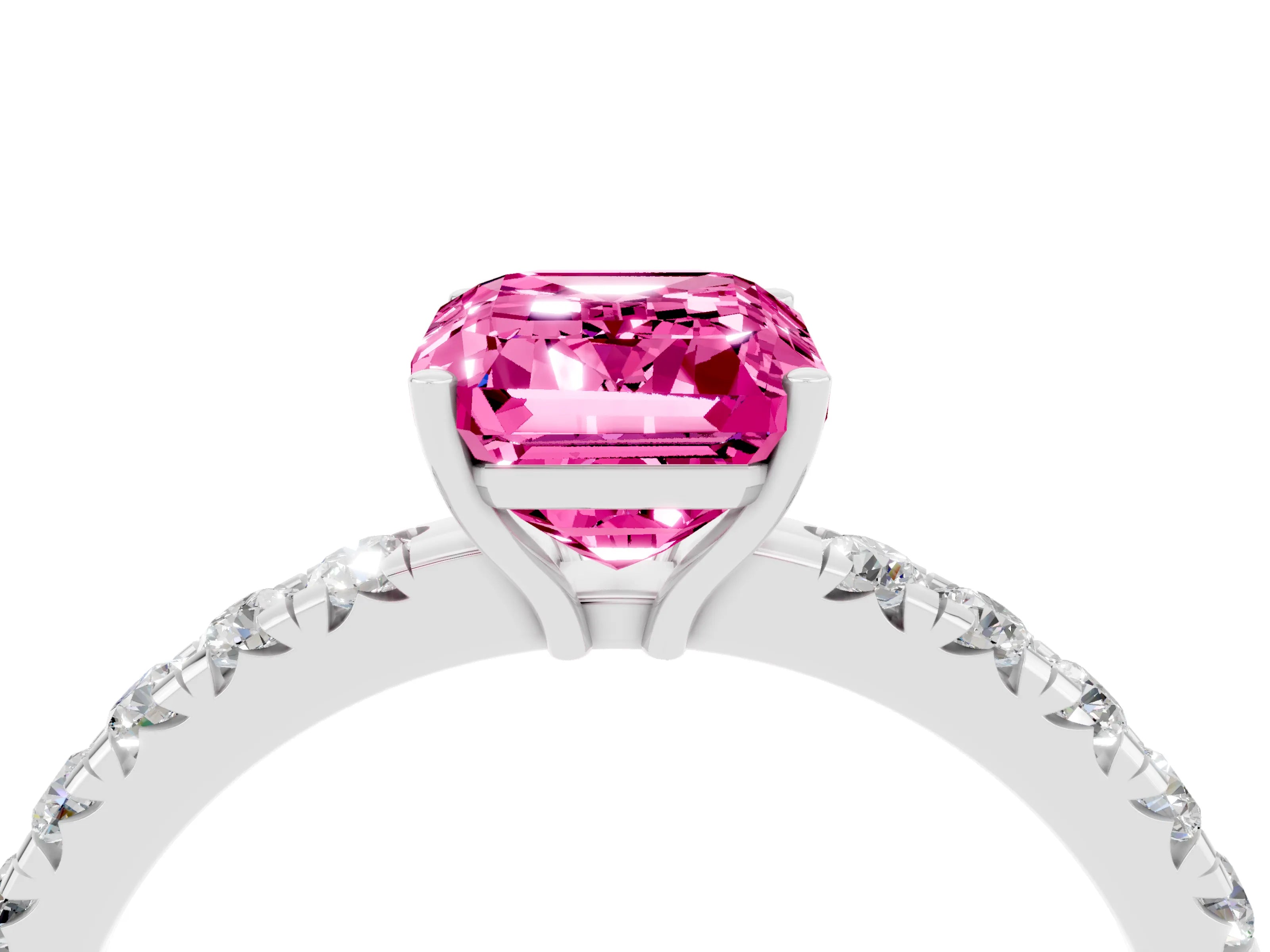 White gold Emerald Cut Pink Sapphire Pavé Solitaire Engagement Ring with Four-Prong Setting_16